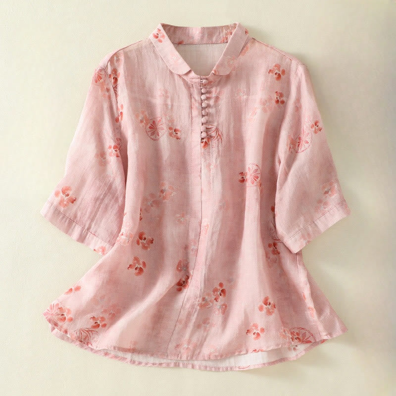 Buddha Stones Printing Frog-Buttons Lapel Half Sleeve Women's Cotton Shirt - LightCoral - US8-10，UK/AU12-14，EU40-42 (2XL) - image 1