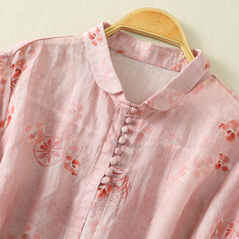 Buddha Stones Printing Frog-Buttons Lapel Half Sleeve Women's Cotton Shirt - image 3