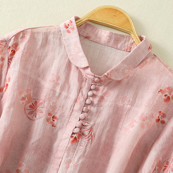 Buddha Stones Printing Frog-Buttons Lapel Half Sleeve Women's Cotton Shirt - image 3