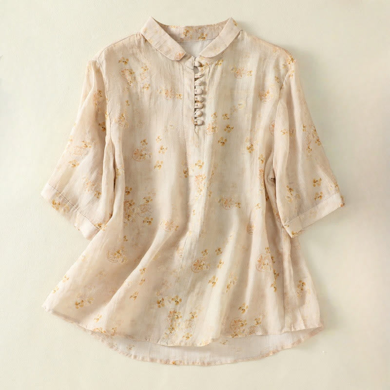 Buddha Stones Printing Frog-Buttons Lapel Half Sleeve Women's Cotton Shirt - LemonChiffon - US8-10，UK/AU12-14，EU40-42 (2XL) - image 8