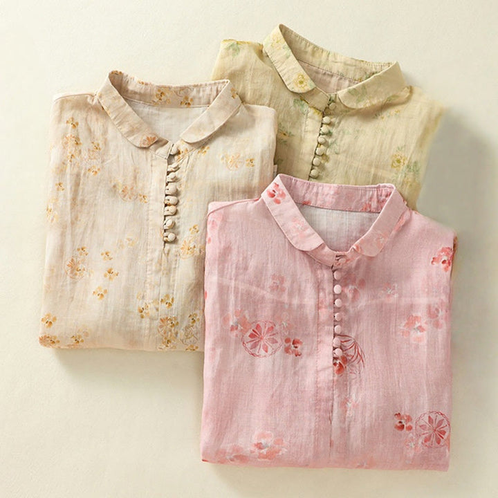 Buddha Stones Printing Frog-Buttons Lapel Half Sleeve Women's Cotton Shirt - image 24