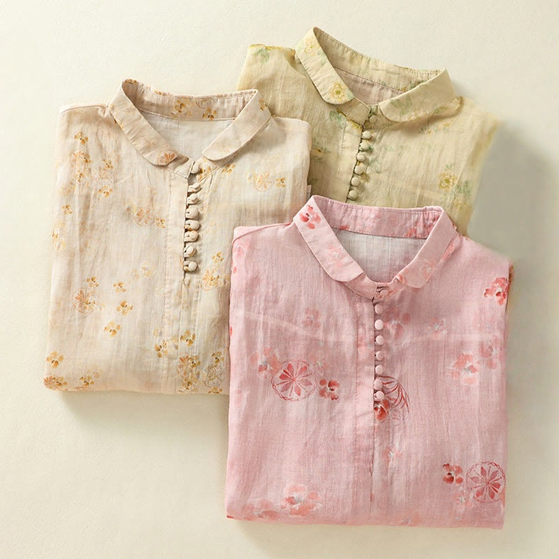 Buddha Stones Printing Frog-Buttons Lapel Half Sleeve Women's Cotton Shirt - image 23