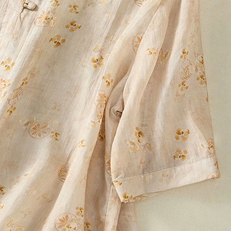 Buddha Stones Printing Frog-Buttons Lapel Half Sleeve Women's Cotton Shirt - image 13