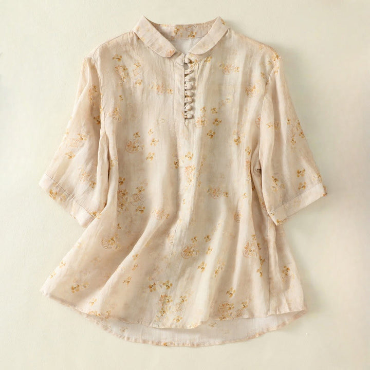 Buddha Stones Printing Frog-Buttons Lapel Half Sleeve Women's Cotton Shirt - LemonChiffon - US8-10，UK/AU12-14，EU40-42 (2XL) - image 9