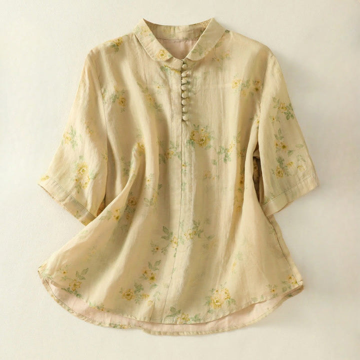 Buddha Stones Printing Frog-Buttons Lapel Half Sleeve Women's Cotton Shirt - Khaki - US8-10，UK/AU12-14，EU40-42 (2XL) - image 17