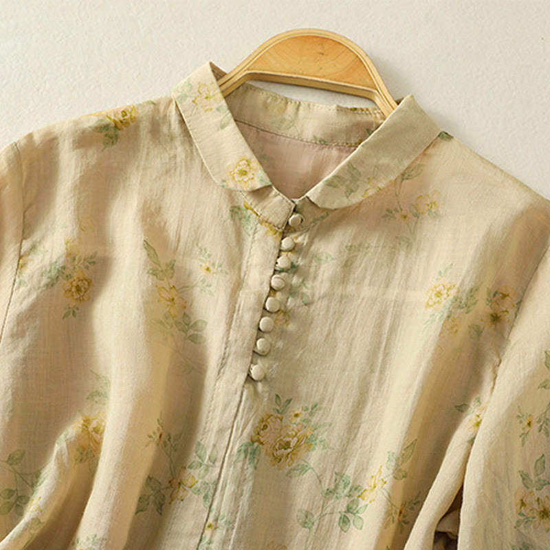 Buddha Stones Printing Frog-Buttons Lapel Half Sleeve Women's Cotton Shirt - image 19