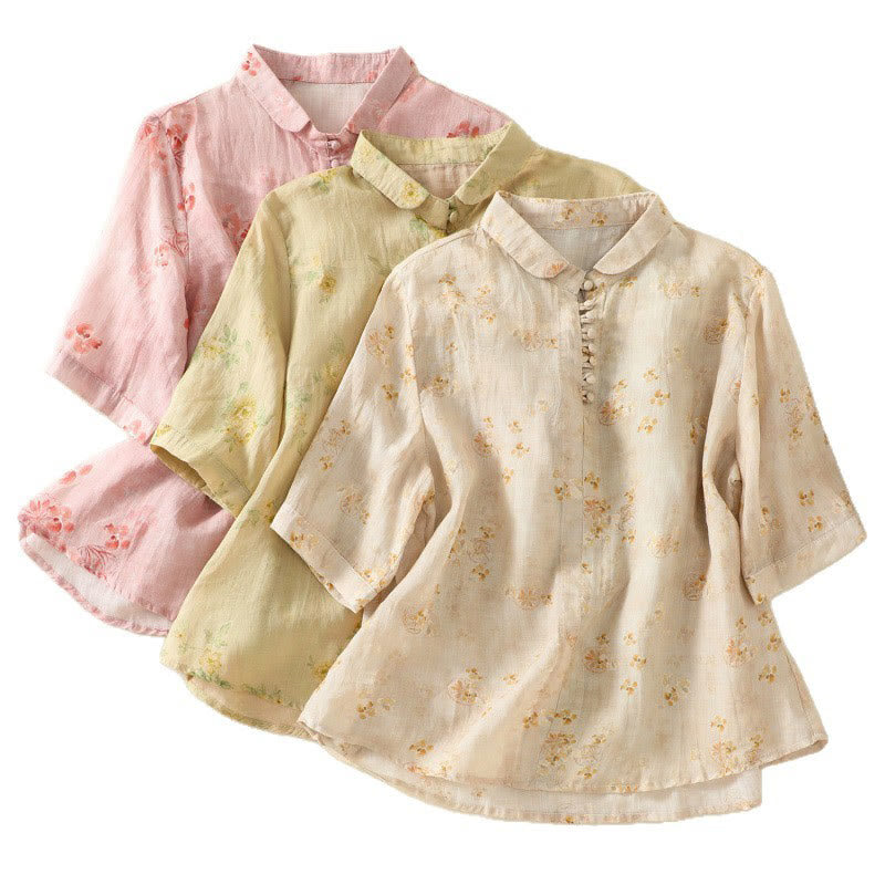 Buddha Stones Printing Frog-Buttons Lapel Half Sleeve Women's Cotton Shirt - image 25