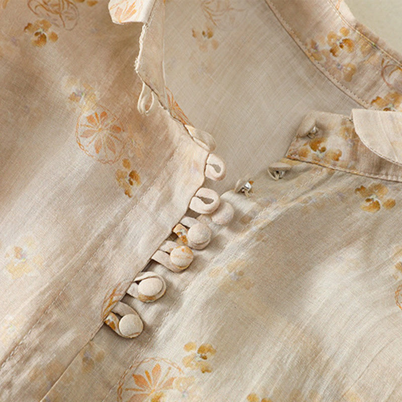 Buddha Stones Printing Frog-Buttons Lapel Half Sleeve Women's Cotton Shirt - image 13