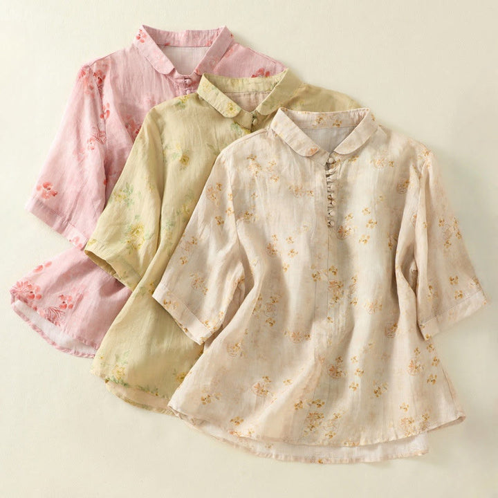 Buddha Stones Printing Frog-Buttons Lapel Half Sleeve Women's Cotton Shirt - image 23