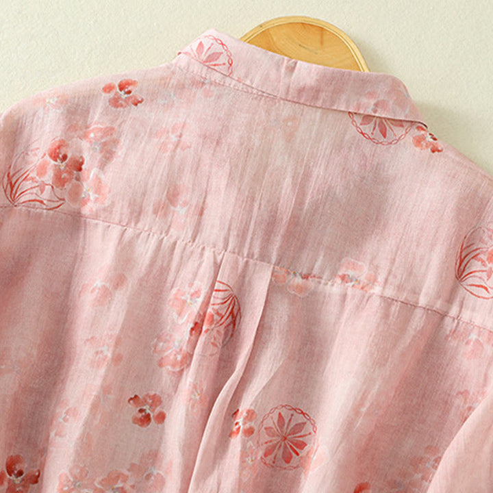 Buddha Stones Printing Frog-Buttons Lapel Half Sleeve Women's Cotton Shirt - image 5