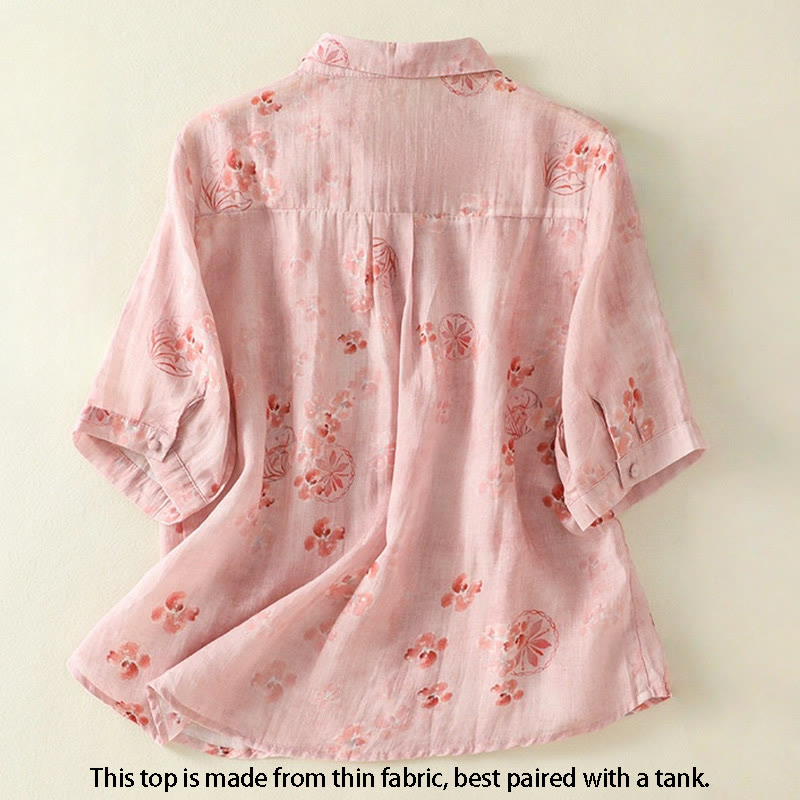Buddha Stones Printing Frog-Buttons Lapel Half Sleeve Women's Cotton Shirt - image 2