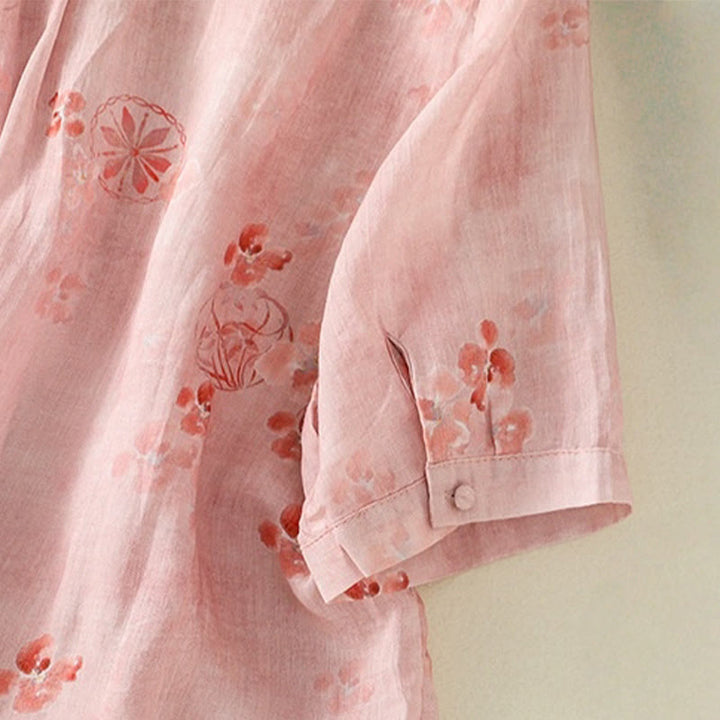 Buddha Stones Printing Frog-Buttons Lapel Half Sleeve Women's Cotton Shirt - image 6