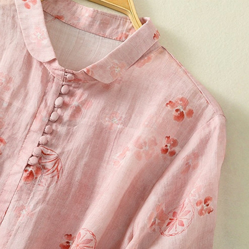 Buddha Stones Printing Frog-Buttons Lapel Half Sleeve Women's Cotton Shirt - image 4