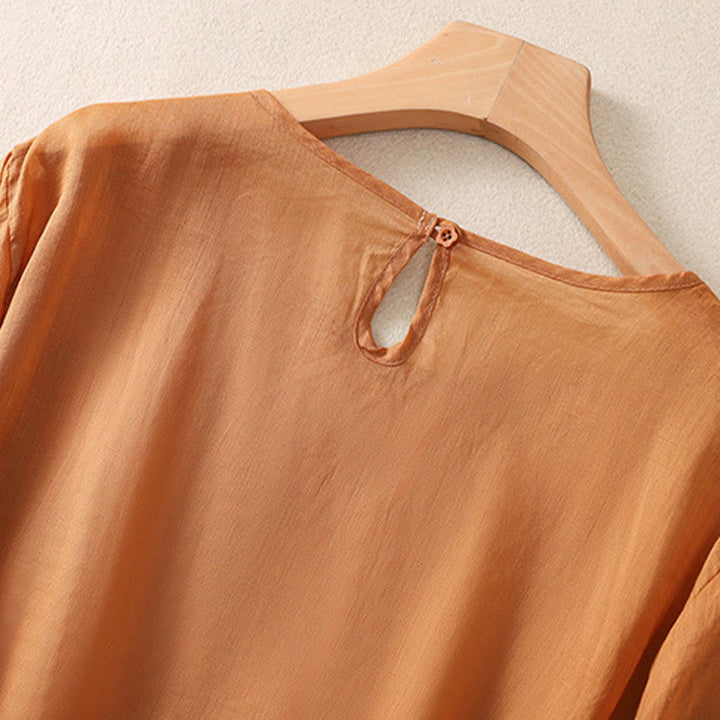 Buddha Stones Embroidery Floral Hem Slit Women's Cotton Linen Half Sleeve T-Shirt - image 12