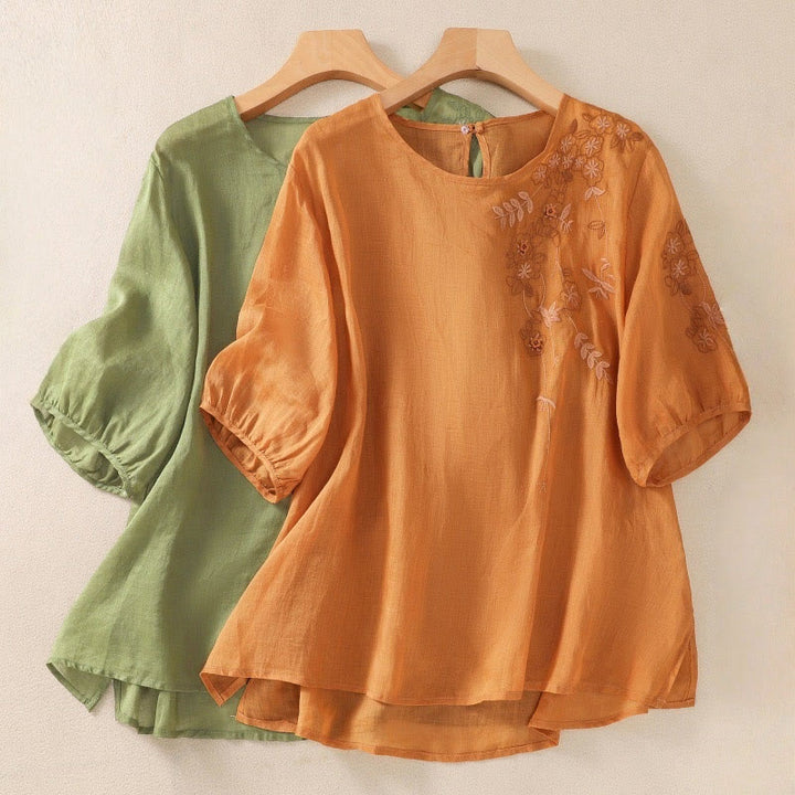 Buddha Stones Embroidery Floral Hem Slit Women's Cotton Linen Half Sleeve T-Shirt - image 20