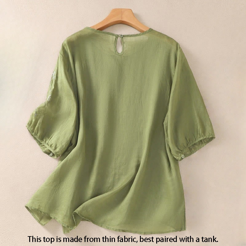 Buddha Stones Embroidery Floral Hem Slit Women's Cotton Linen Half Sleeve T-Shirt - image 2