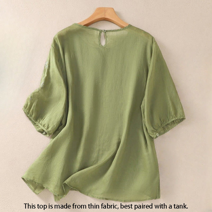 Buddha Stones Embroidery Floral Hem Slit Women's Cotton Linen Half Sleeve T-Shirt - image 2