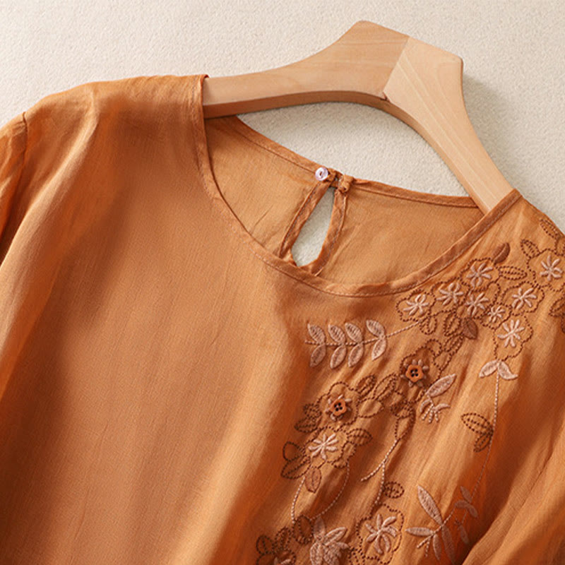 Buddha Stones Embroidery Floral Hem Slit Women's Cotton Linen Half Sleeve T-Shirt - image 12