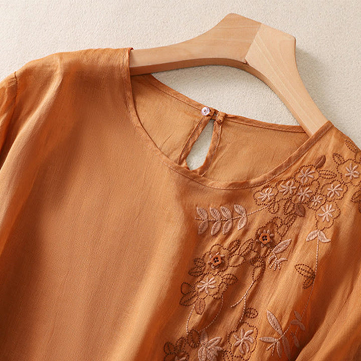 Buddha Stones Embroidery Floral Hem Slit Women's Cotton Linen Half Sleeve T-Shirt - image 12