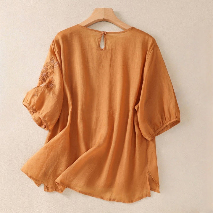 Buddha Stones Embroidery Floral Hem Slit Women's Cotton Linen Half Sleeve T-Shirt - image 11