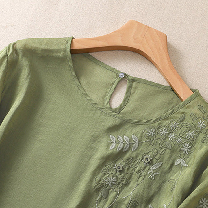 Buddha Stones Embroidery Floral Hem Slit Women's Cotton Linen Half Sleeve T-Shirt - image 3