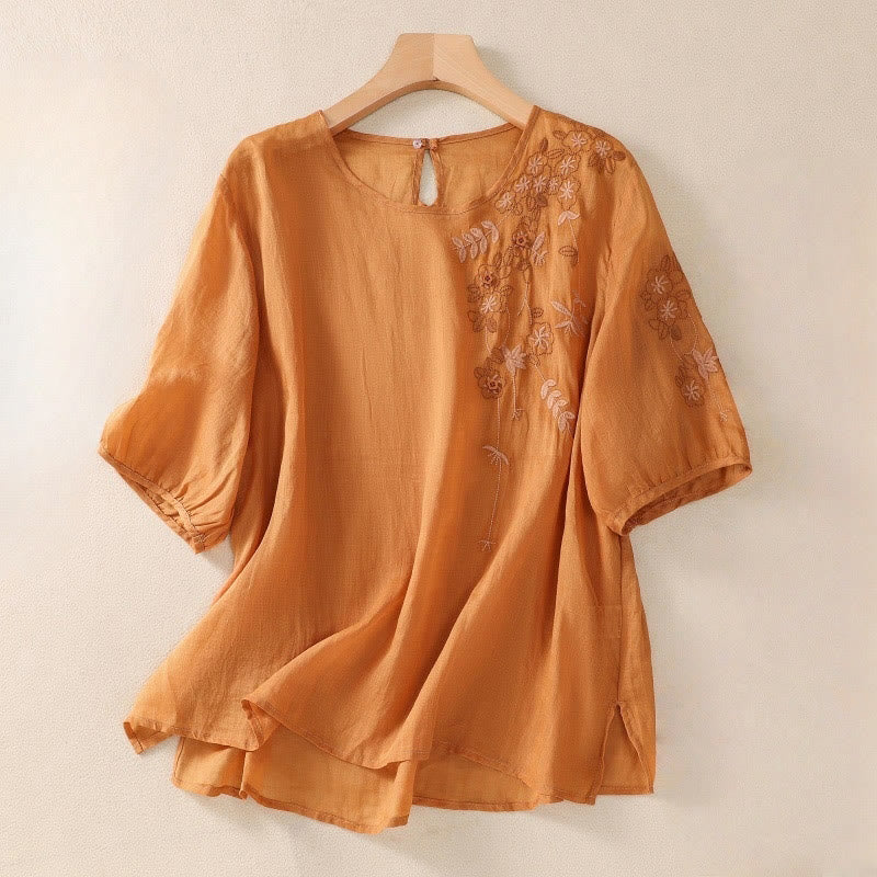 Buddha Stones Embroidery Floral Hem Slit Women's Cotton Linen Half Sleeve T-Shirt - DarkOrange - US14，UK/AU18，EU46 (2XL) - image 9