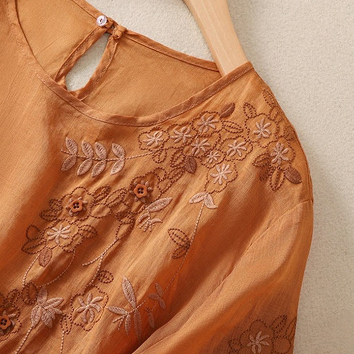 Buddha Stones Embroidery Floral Hem Slit Women's Cotton Linen Half Sleeve T-Shirt - image 13