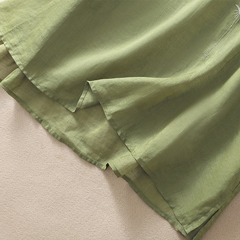 Buddha Stones Embroidery Floral Hem Slit Women's Cotton Linen Half Sleeve T-Shirt - image 8