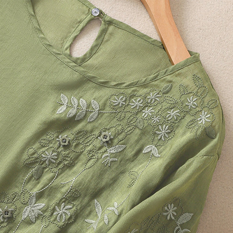 Buddha Stones Embroidery Floral Hem Slit Women's Cotton Linen Half Sleeve T-Shirt - image 5