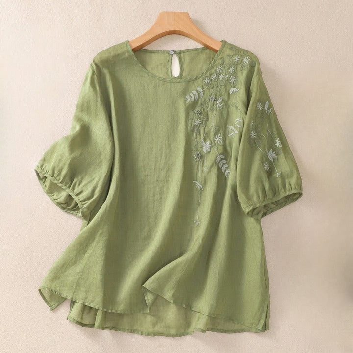 Buddha Stones Embroidery Floral Hem Slit Women's Cotton Linen Half Sleeve T-Shirt - LimeGreen - US14，UK/AU18，EU46 (2XL) - image 1