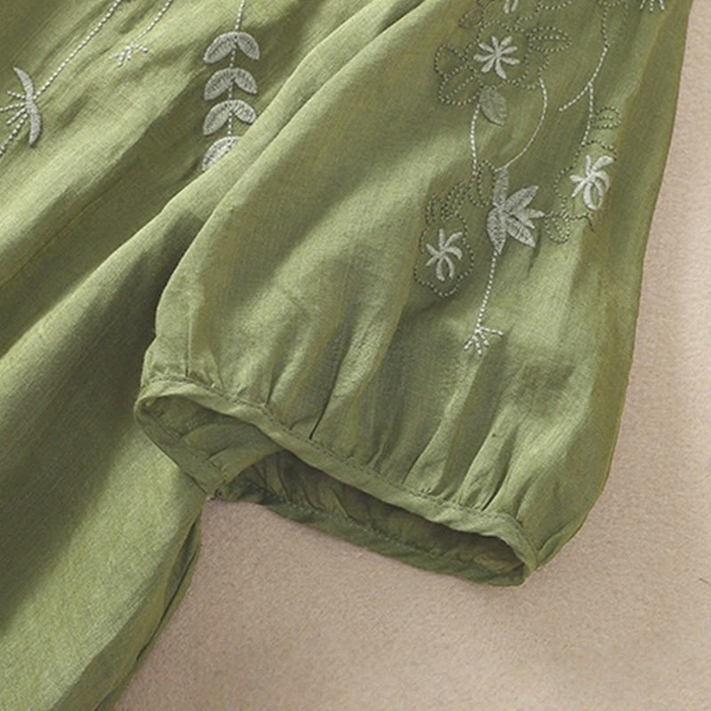 Buddha Stones Embroidery Floral Hem Slit Women's Cotton Linen Half Sleeve T-Shirt - image 5