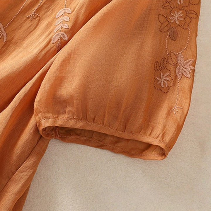 Buddha Stones Embroidery Floral Hem Slit Women's Cotton Linen Half Sleeve T-Shirt - image 15