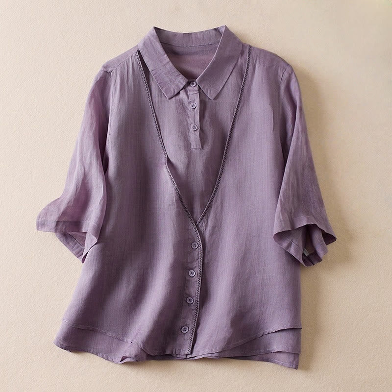 Buddha Stones Retro Plain Fake Two Pieces Button Half Sleeve Design Women's Cotton Linen Shirt - MediumOrchid - US12，UK/AU16，EU44 (2XL) - image 1