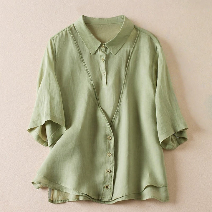 Buddha Stones Retro Plain Fake Two Pieces Button Half Sleeve Design Women's Cotton Linen Shirt - LightGreen - US12，UK/AU16，EU44 (2XL) - image 19