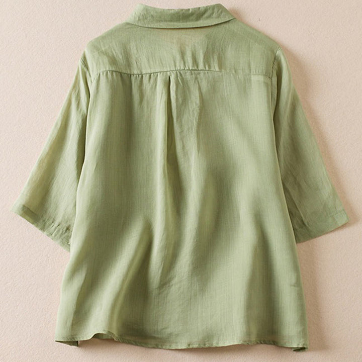 Buddha Stones Retro Plain Fake Two Pieces Button Half Sleeve Design Women's Cotton Linen Shirt - image 20
