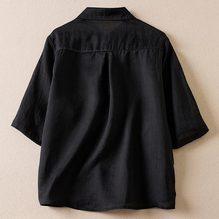 Buddha Stones Retro Plain Fake Two Pieces Button Half Sleeve Design Women's Cotton Linen Shirt - Black - US12，UK/AU16，EU44 (2XL) - image 28