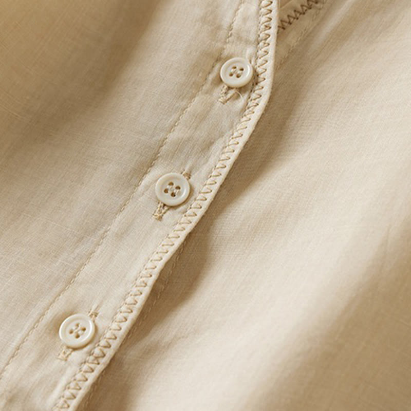 Buddha Stones Retro Plain Fake Two Pieces Button Half Sleeve Design Women's Cotton Linen Shirt - image 41