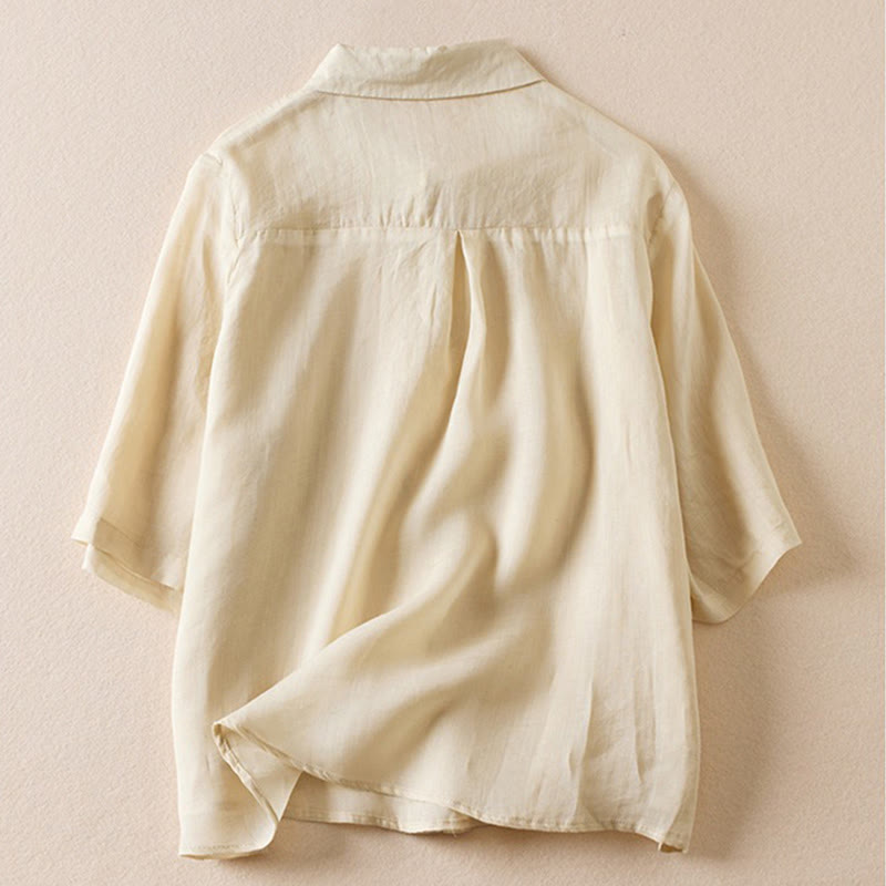 Buddha Stones Retro Plain Fake Two Pieces Button Half Sleeve Design Women's Cotton Linen Shirt - image 36