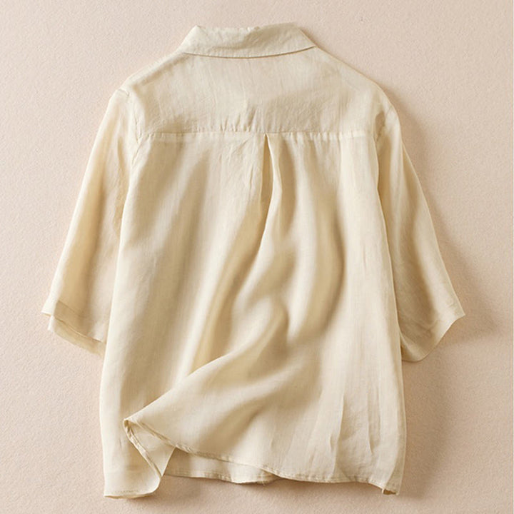 Buddha Stones Retro Plain Fake Two Pieces Button Half Sleeve Design Women's Cotton Linen Shirt - image 37