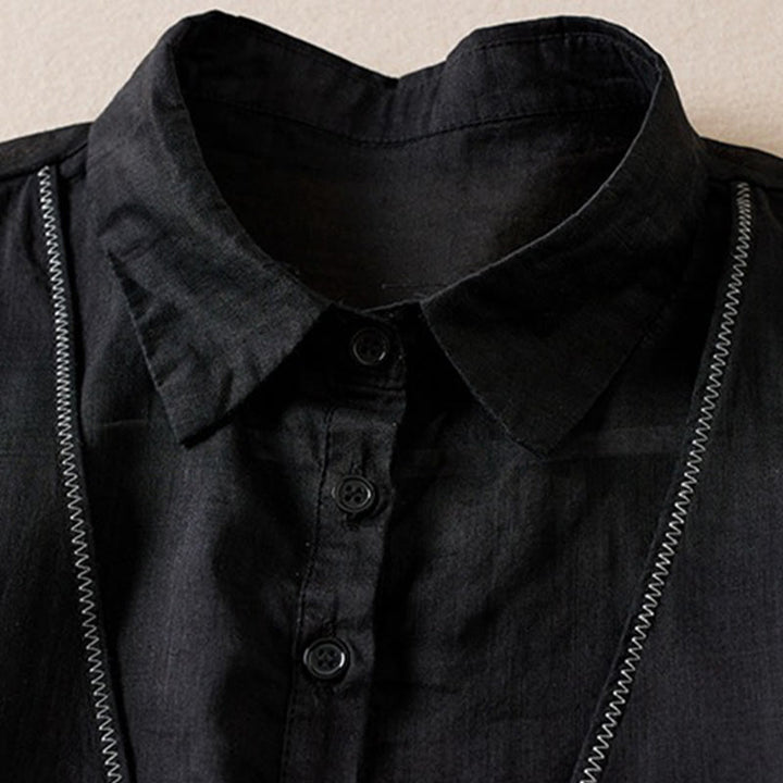 Buddha Stones Retro Plain Fake Two Pieces Button Half Sleeve Design Women's Cotton Linen Shirt - image 29