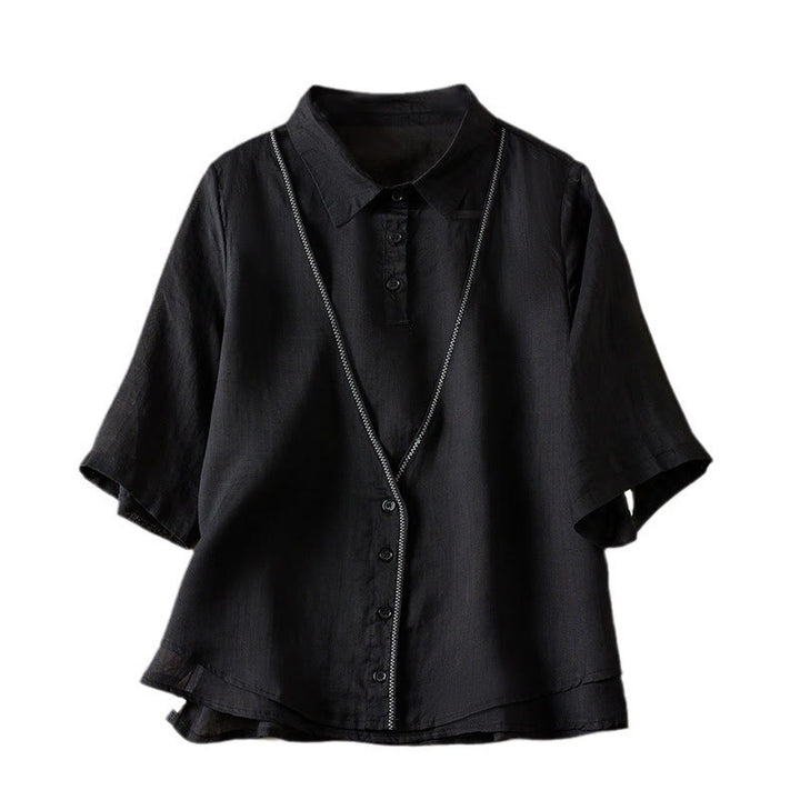 Buddha Stones Retro Plain Fake Two Pieces Button Half Sleeve Design Women's Cotton Linen Shirt - image 35