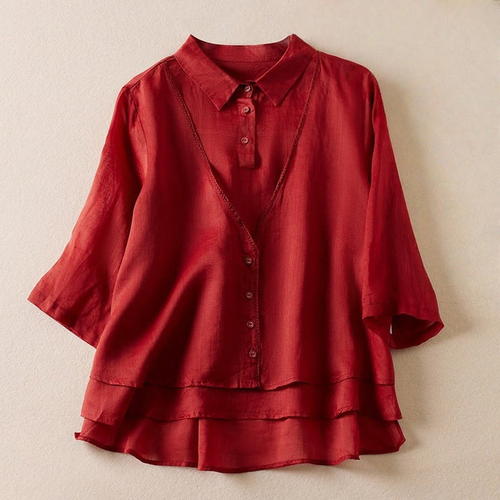 Buddha Stones Retro Plain Fake Two Pieces Button Half Sleeve Design Women's Cotton Linen Shirt - Crimson - US12，UK/AU16，EU44 (2XL) - image 9