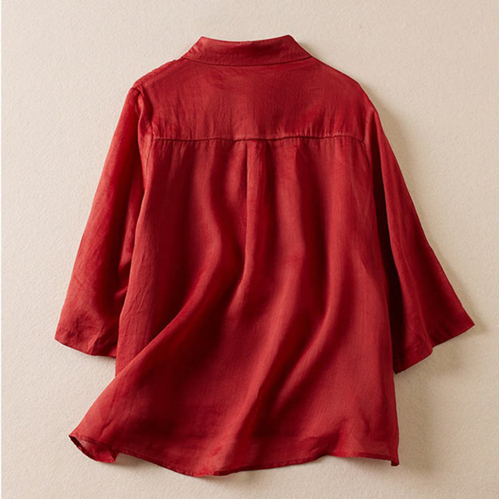 Buddha Stones Retro Plain Fake Two Pieces Button Half Sleeve Design Women's Cotton Linen Shirt - image 10