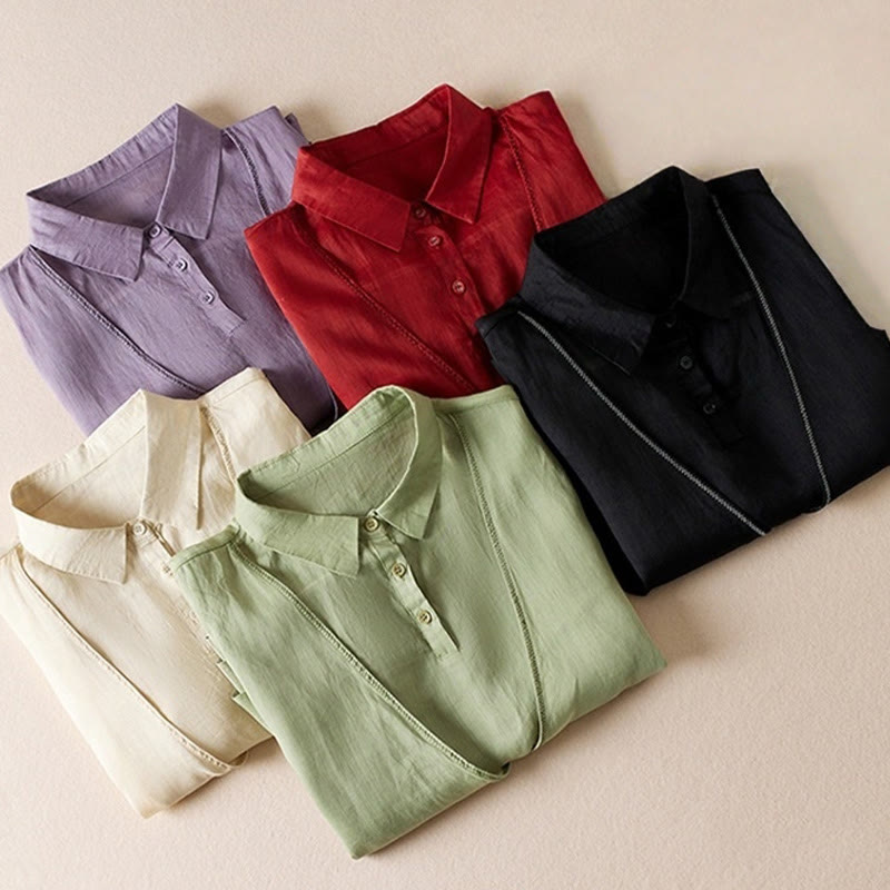 Buddha Stones Retro Plain Fake Two Pieces Button Half Sleeve Design Women's Cotton Linen Shirt - image 45
