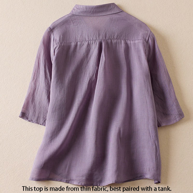 Buddha Stones Retro Plain Fake Two Pieces Button Half Sleeve Design Women's Cotton Linen Shirt - image 2
