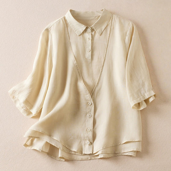 Buddha Stones Retro Plain Fake Two Pieces Button Half Sleeve Design Women's Cotton Linen Shirt - Beige - US12，UK/AU16，EU44 (2XL) - image 36