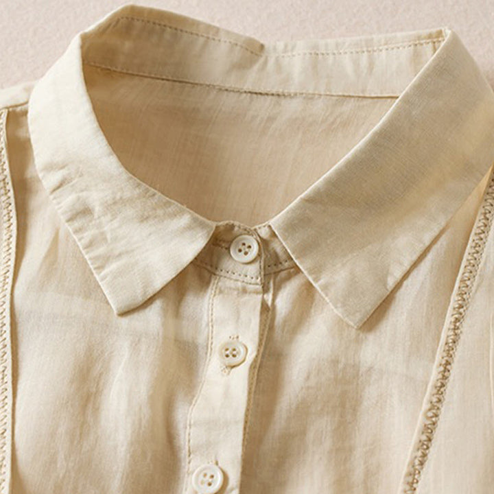 Buddha Stones Retro Plain Fake Two Pieces Button Half Sleeve Design Women's Cotton Linen Shirt - image 39