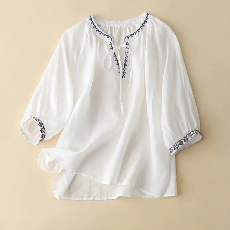Buddha Stones Summer Embroided Three Quarter Lantern Sleeve Women's Cotton Linen T-Shirt - White - US14，UK/AU18，EU46 (3XL) - image 5