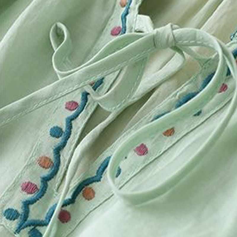 Buddha Stones Summer Embroided Three Quarter Lantern Sleeve Women's Cotton Linen T-Shirt - image 2