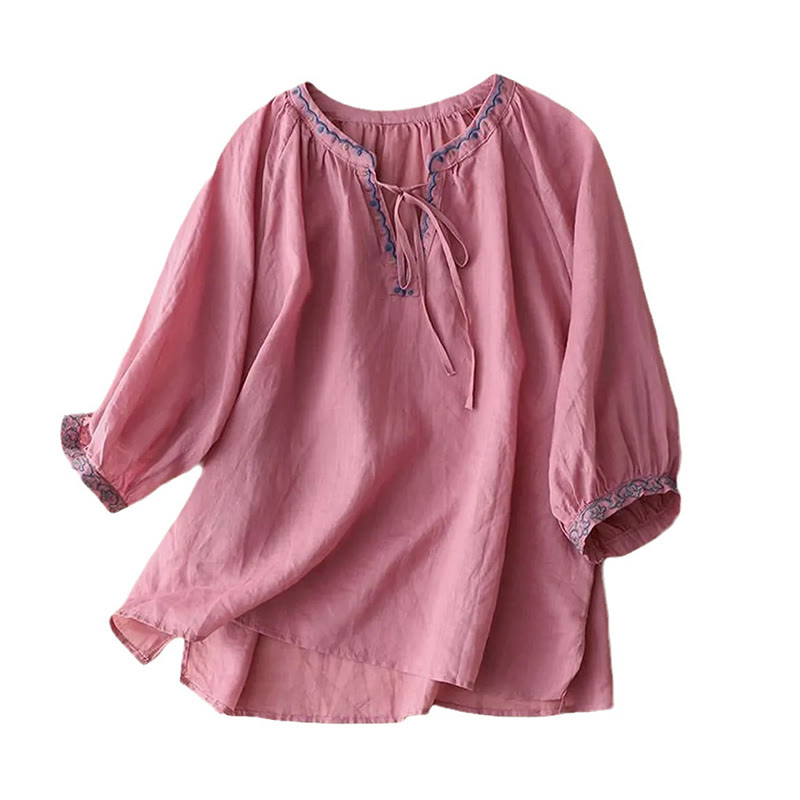 Buddha Stones Summer Embroided Three Quarter Lantern Sleeve Women's Cotton Linen T-Shirt - image 15